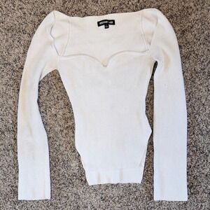 Rehab Lab Cream Ribbed Knit Sweetheart Neck Long Sleeve Sweater Top Sm LT3719B